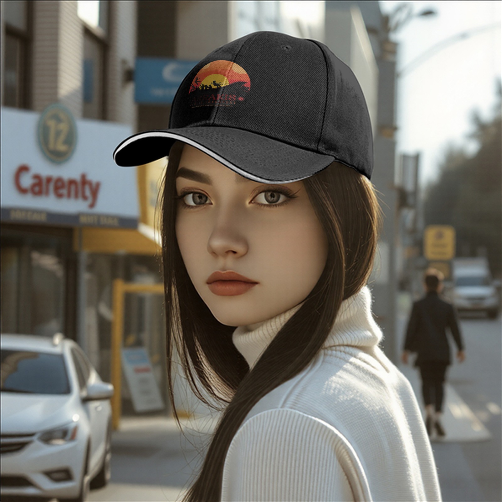 Black Baseball Cap with Sci-Fi Desert Sunset Graphic