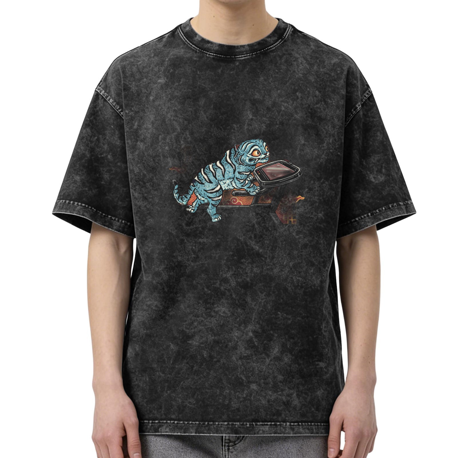 Oversized acid wash t-shirt with blue tiger riding retro device graphic