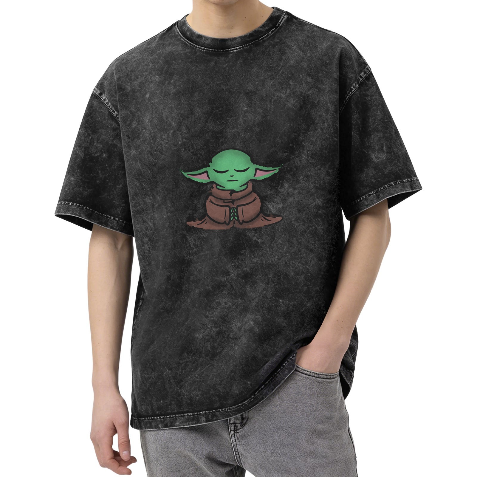 Washed black t-shirt with meditating Baby Yoda graphic