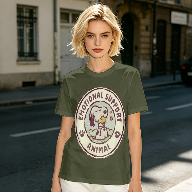 Olive Green Snoopy Emotional Support Animal Graphic T-Shirt