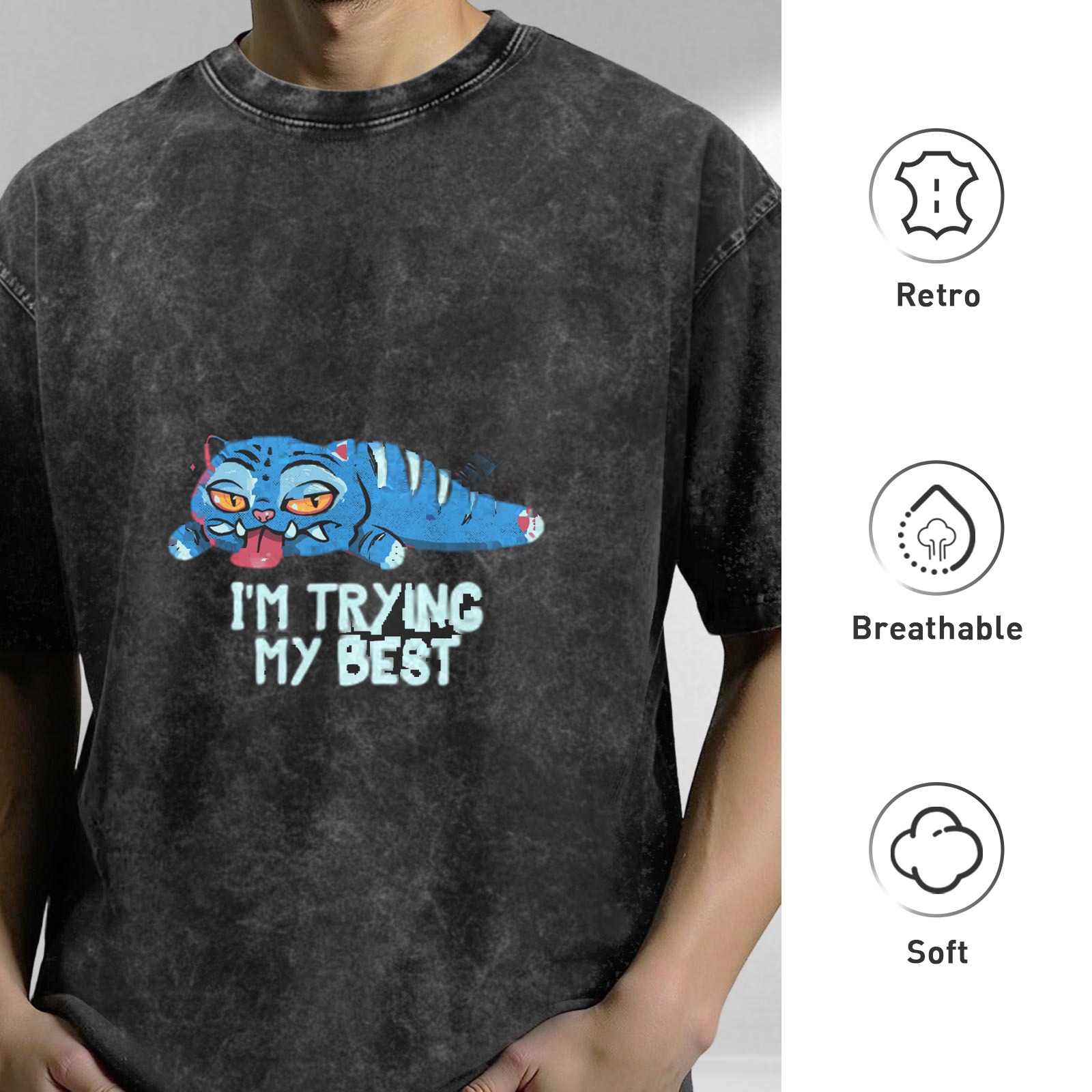 Oversized Acid Wash T-Shirt With Lazy Blue Cat 'I'm Trying My Best' Print