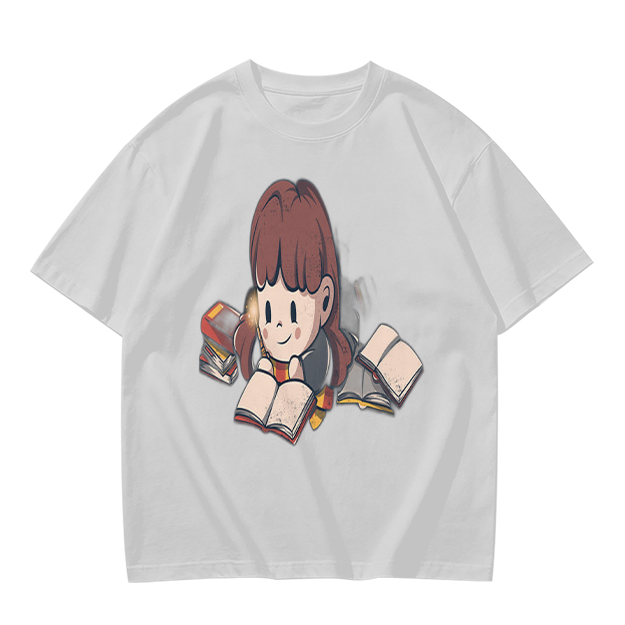 Olive T-shirt with Charming Girl Reading Books Graphic