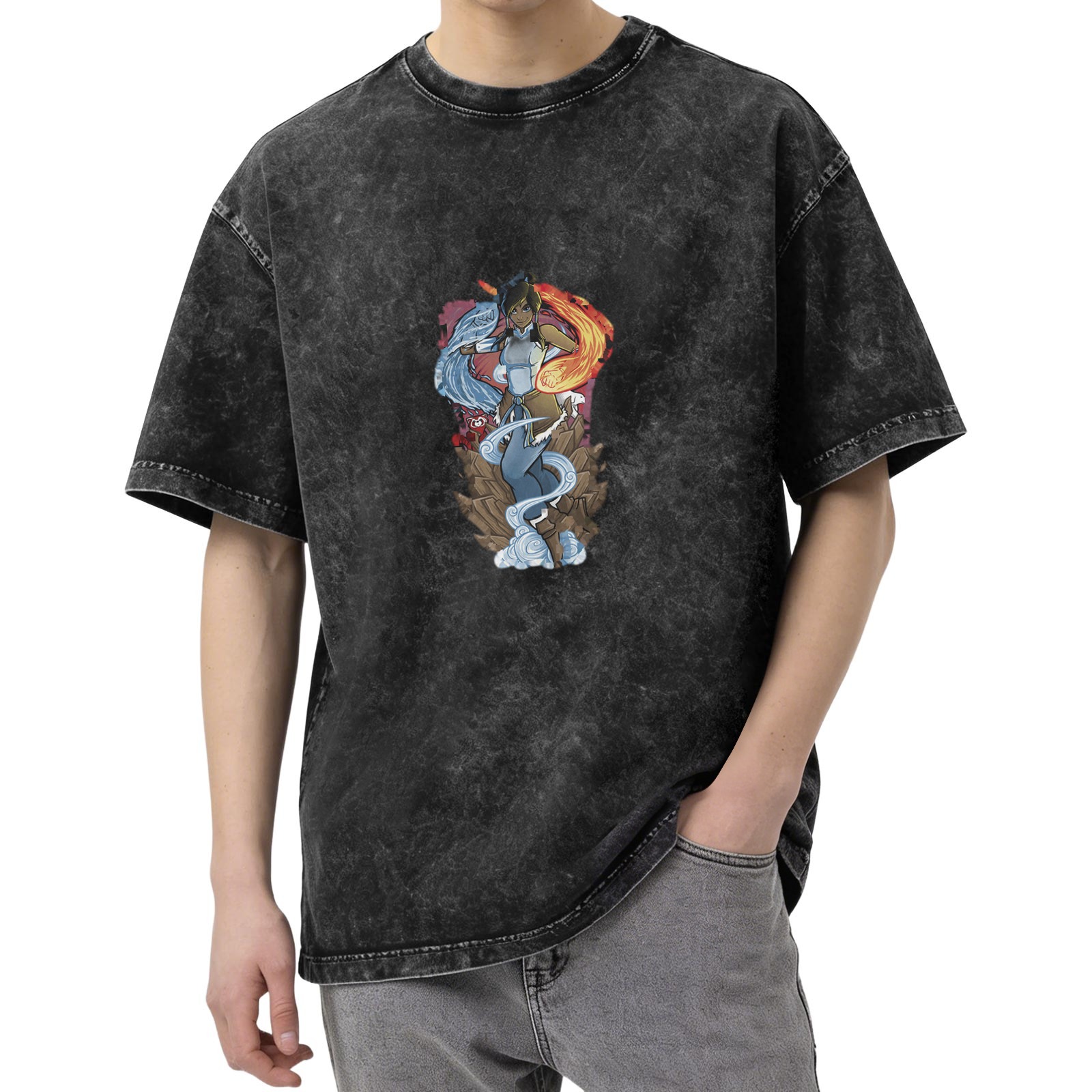 Avatar Korra Graphic Stonewashed Black Oversized T-Shirt