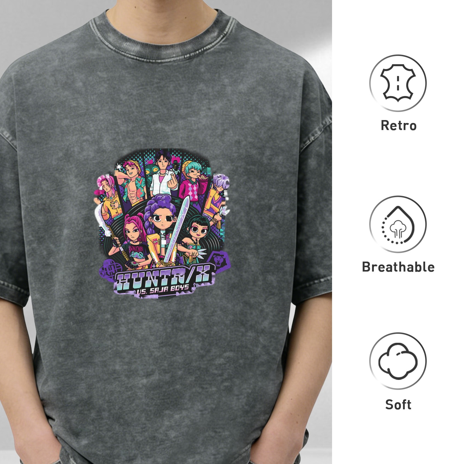 Oversized Acid Wash Graphic T-Shirt with Anime 'HUNTR/X vs. SAJA BOYS' Print