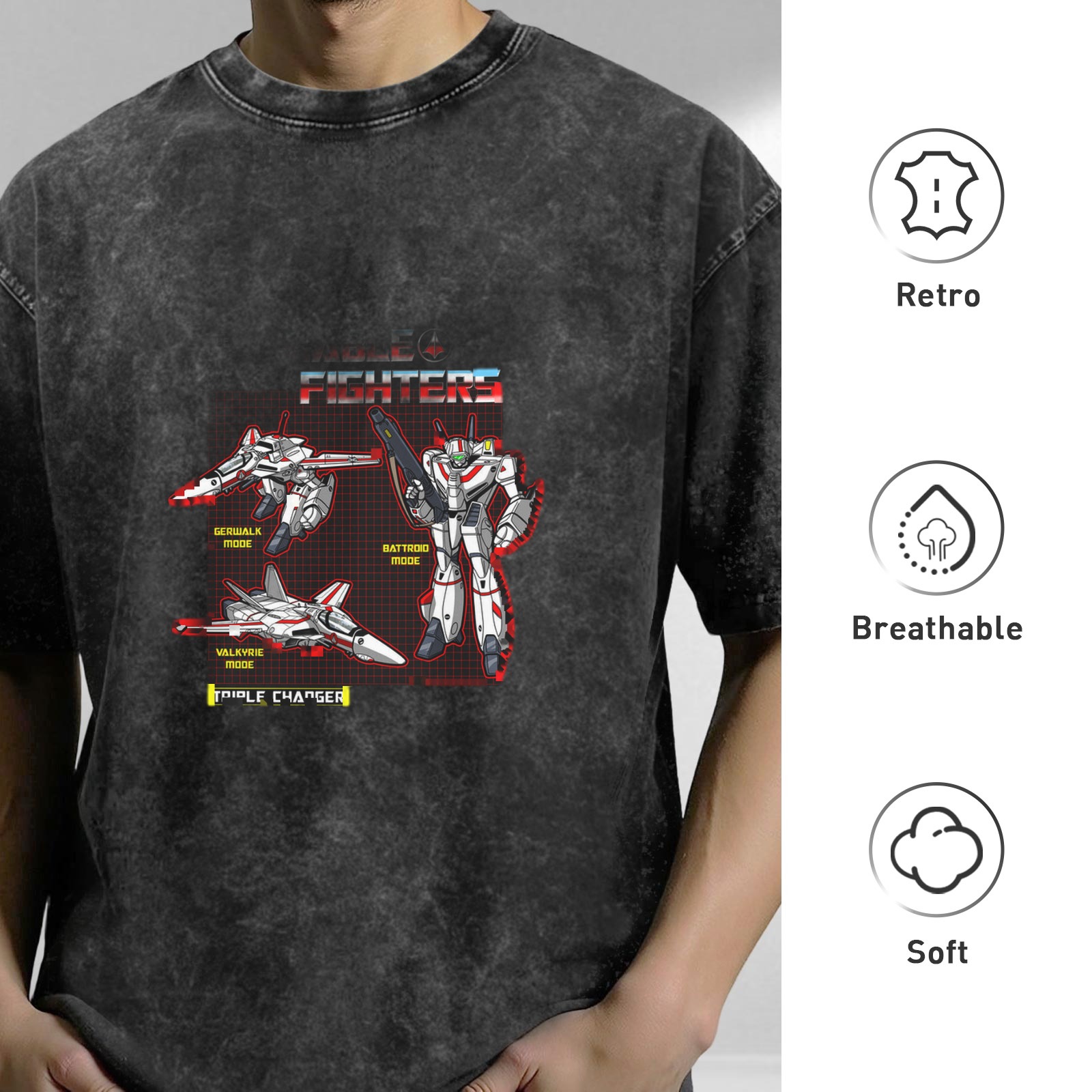 Retro washed black loose short-sleeved T-shirt, anime mecha three-transformation print, street fashion casual top