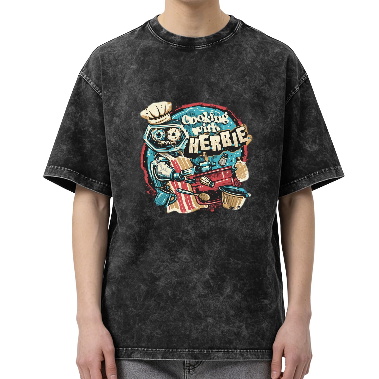 Oversized Washed Black T-Shirt with Cooking Robot Graphic