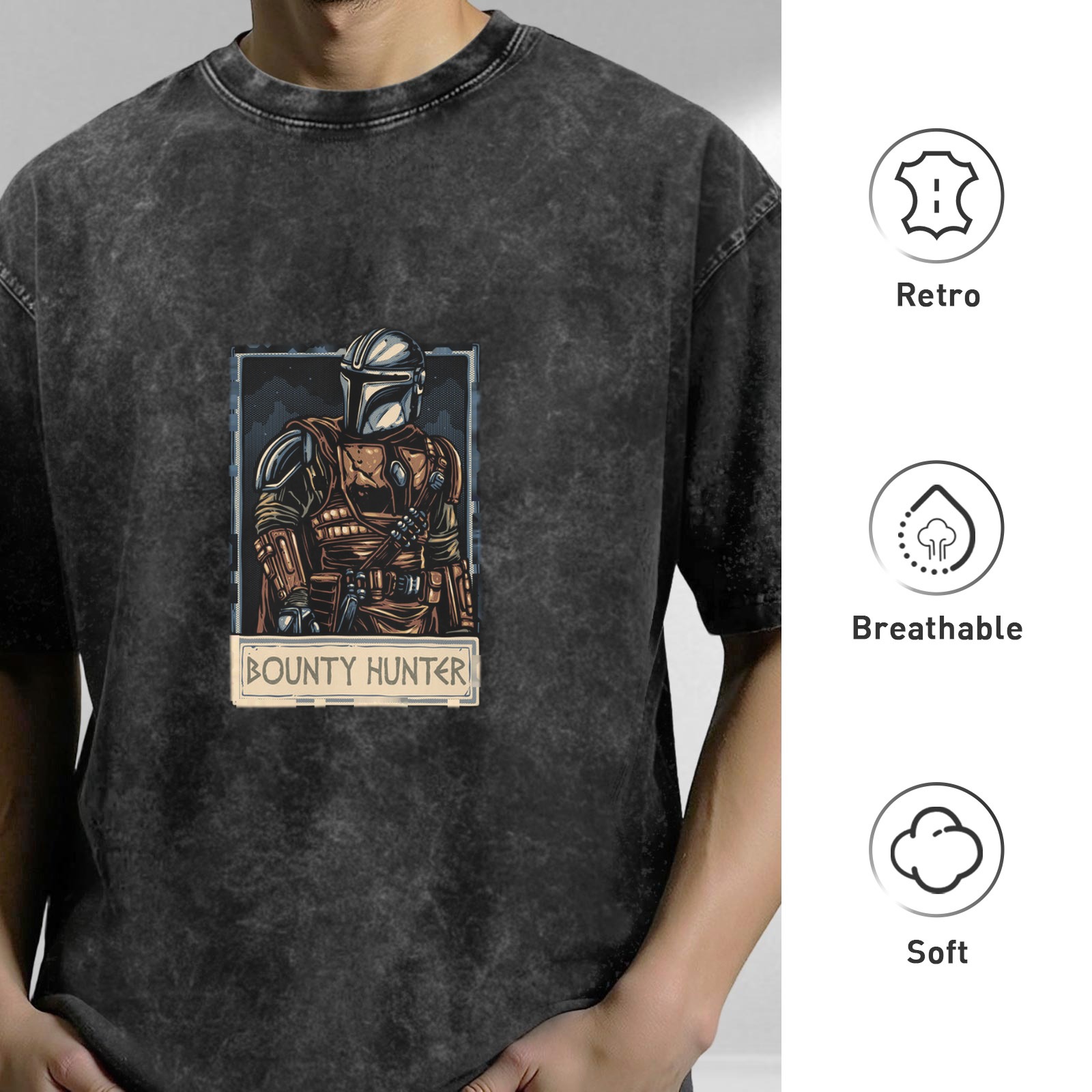 Washed Black T-Shirt With Mandalorian Bounty Hunter Print
