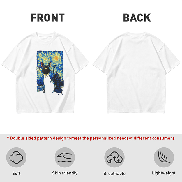 Olive T-Shirt with Starry Night Cat Art Print