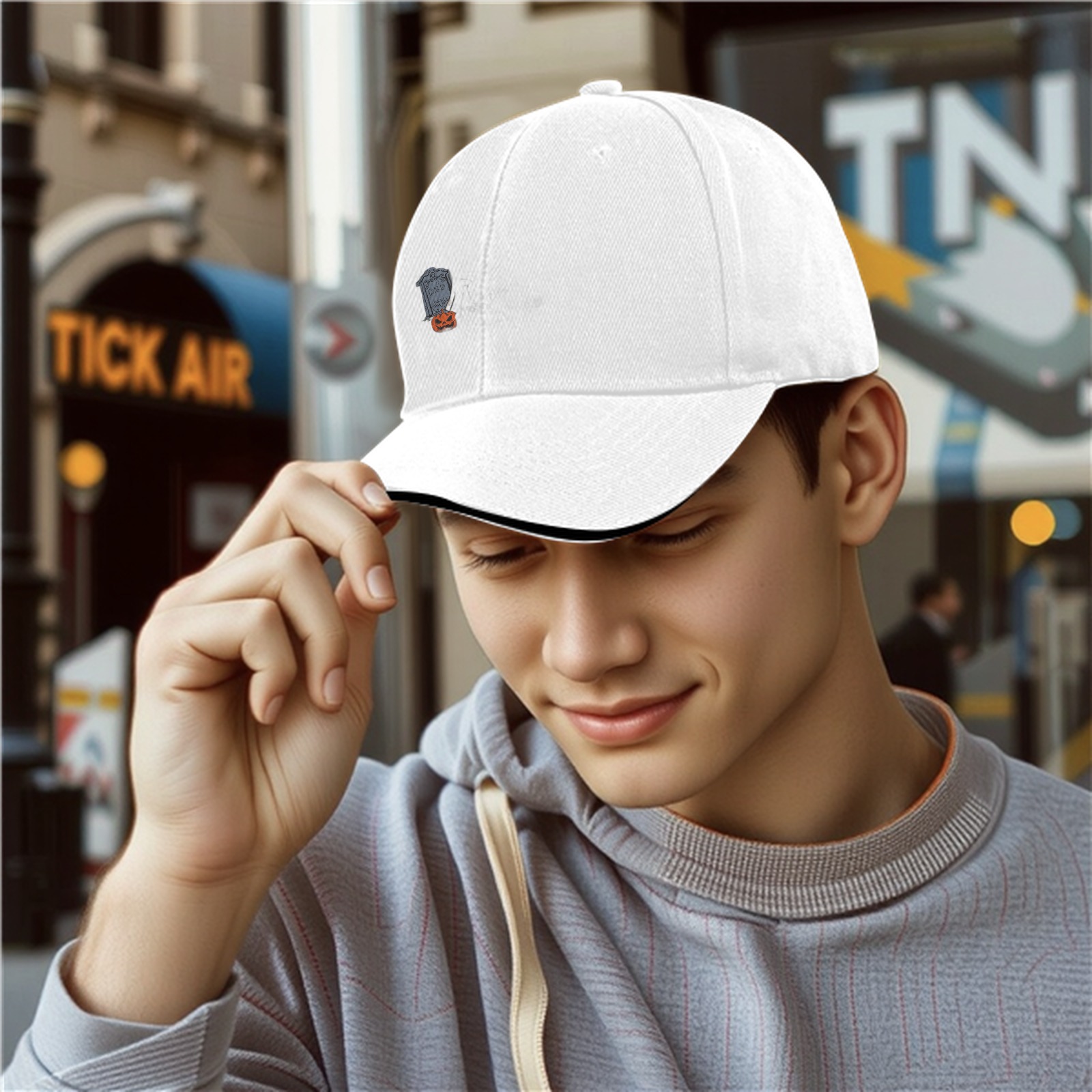 Black Baseball Cap with Halloween Tombstone and Jack-o'-lantern Graphic