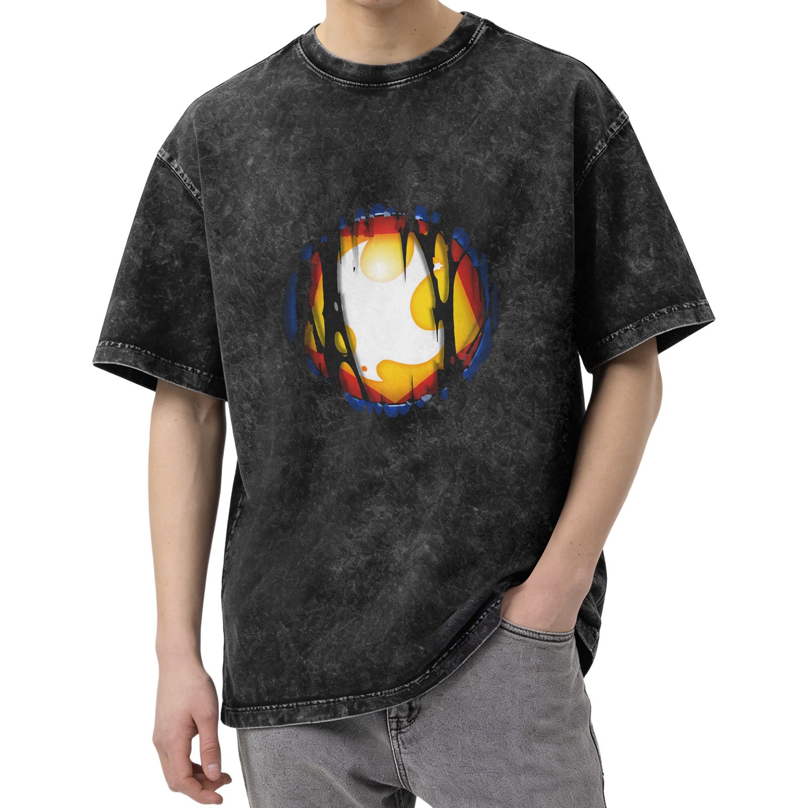 Oversized Acid Wash T-Shirt with Distressed Graphic Print