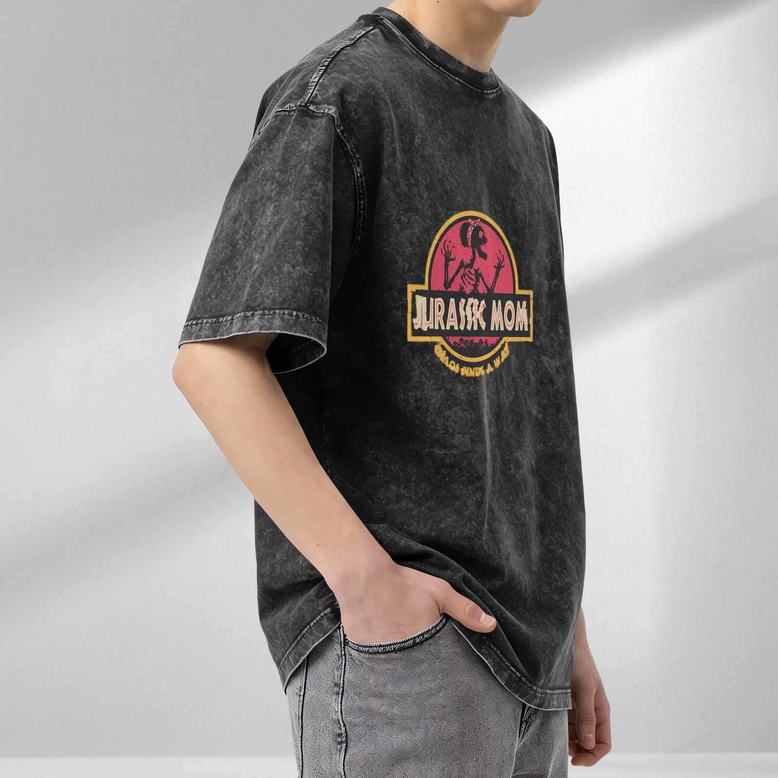 Jurassic Mom Skeleton Graphic Dark Wash T-Shirt