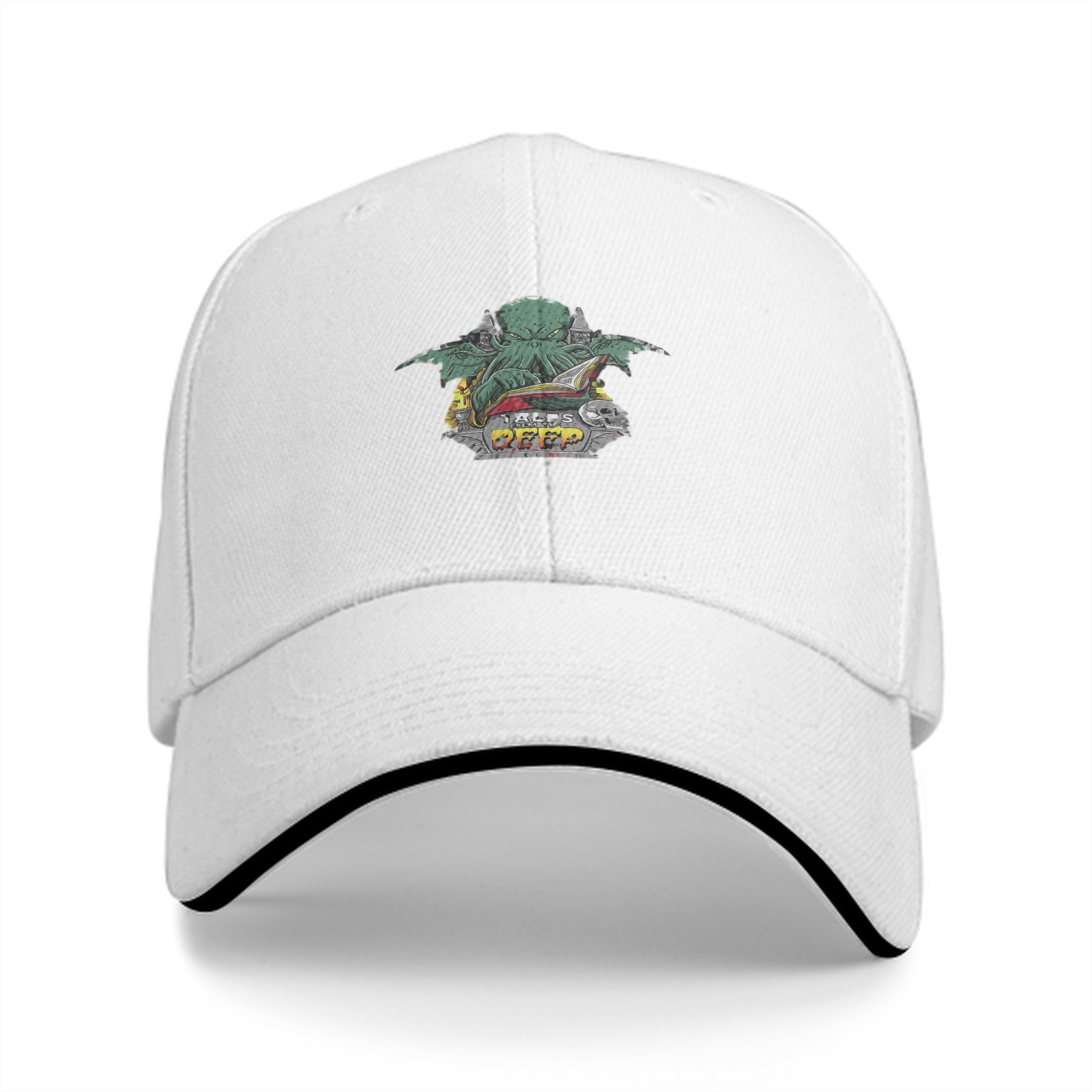 Black Baseball Cap With Cthulhu Reading Book Graphic