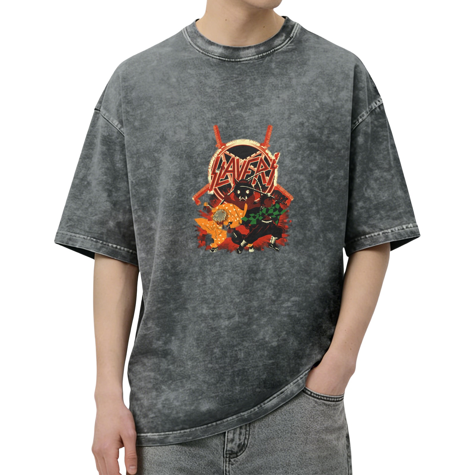 Washed Black Anime Demon Slayer Slayer Band Graphic T-Shirt