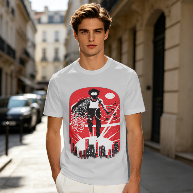 Olive T-Shirt With Anime Superhero Over City Graphic