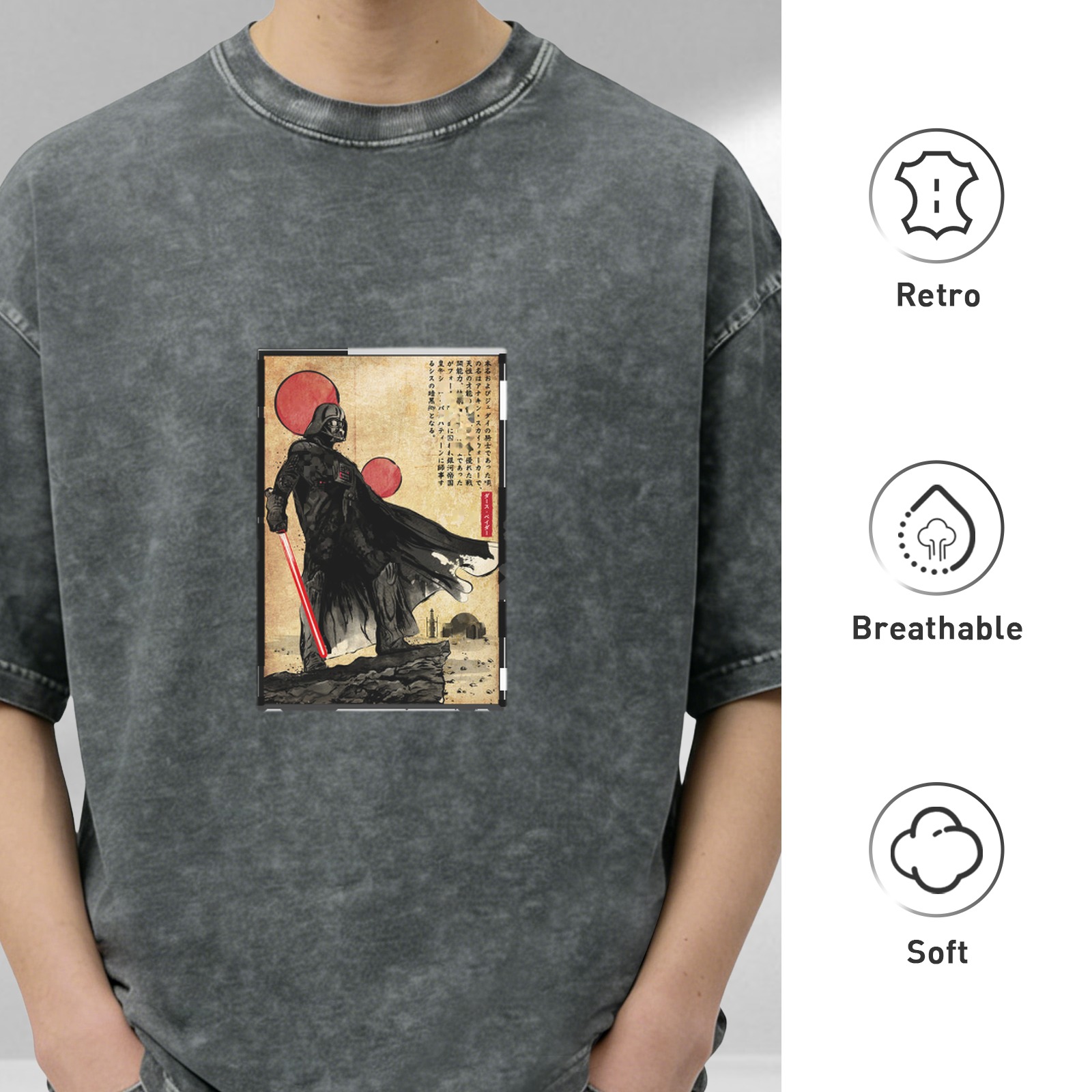 Distressed washed black loose short-sleeved T-shirt Japanese Ukiyo-e style Darth Vader pattern printed top