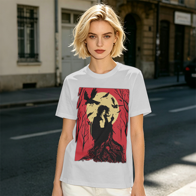 Olive T-Shirt With Gothic Crow And Moon Graphic Print
