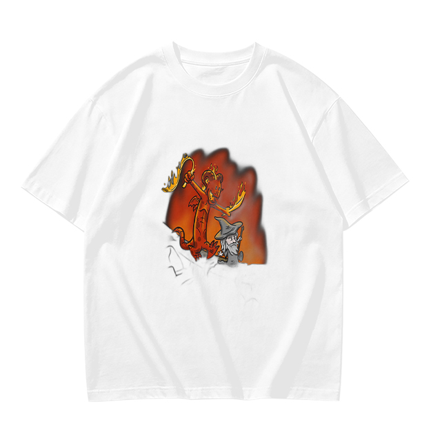 Olive T-shirt with Cartoon Demon and Wizard Fantasy Print