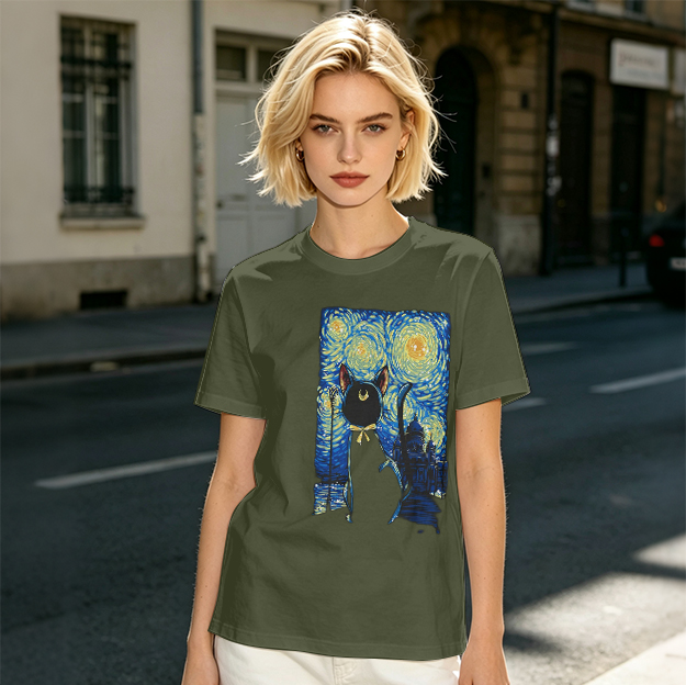 Olive T-Shirt with Starry Night Cat Art Print