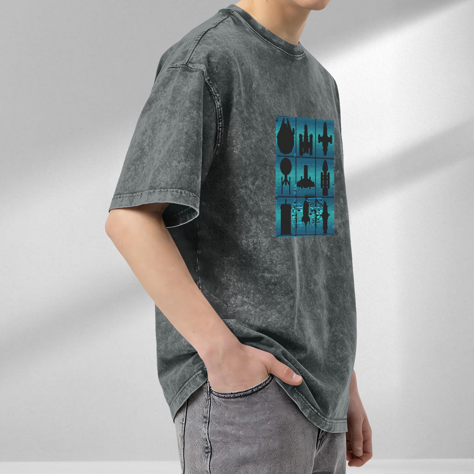 Oversized Stonewashed T-Shirt With Sci-Fi Spaceship Silhouette Grid Design