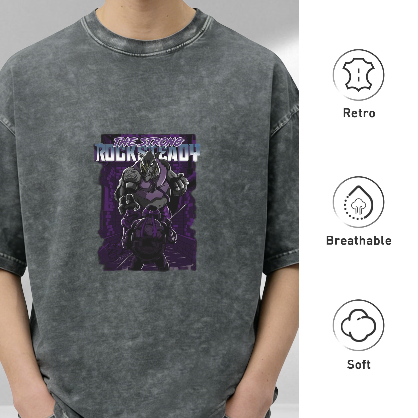 Oversized Stonewashed T-Shirt with Rocksteady Graphic Print
