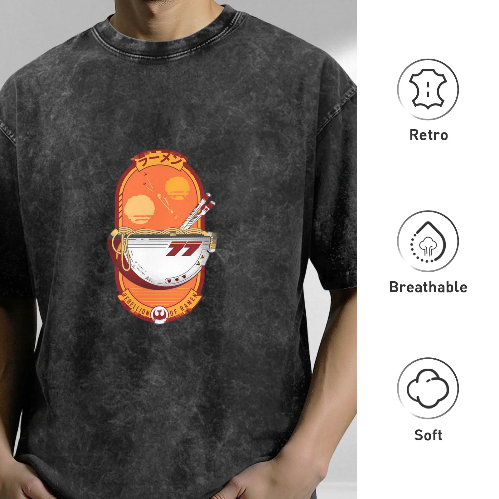 Oversized Dark Wash T-Shirt With Racer Ramen Graphic