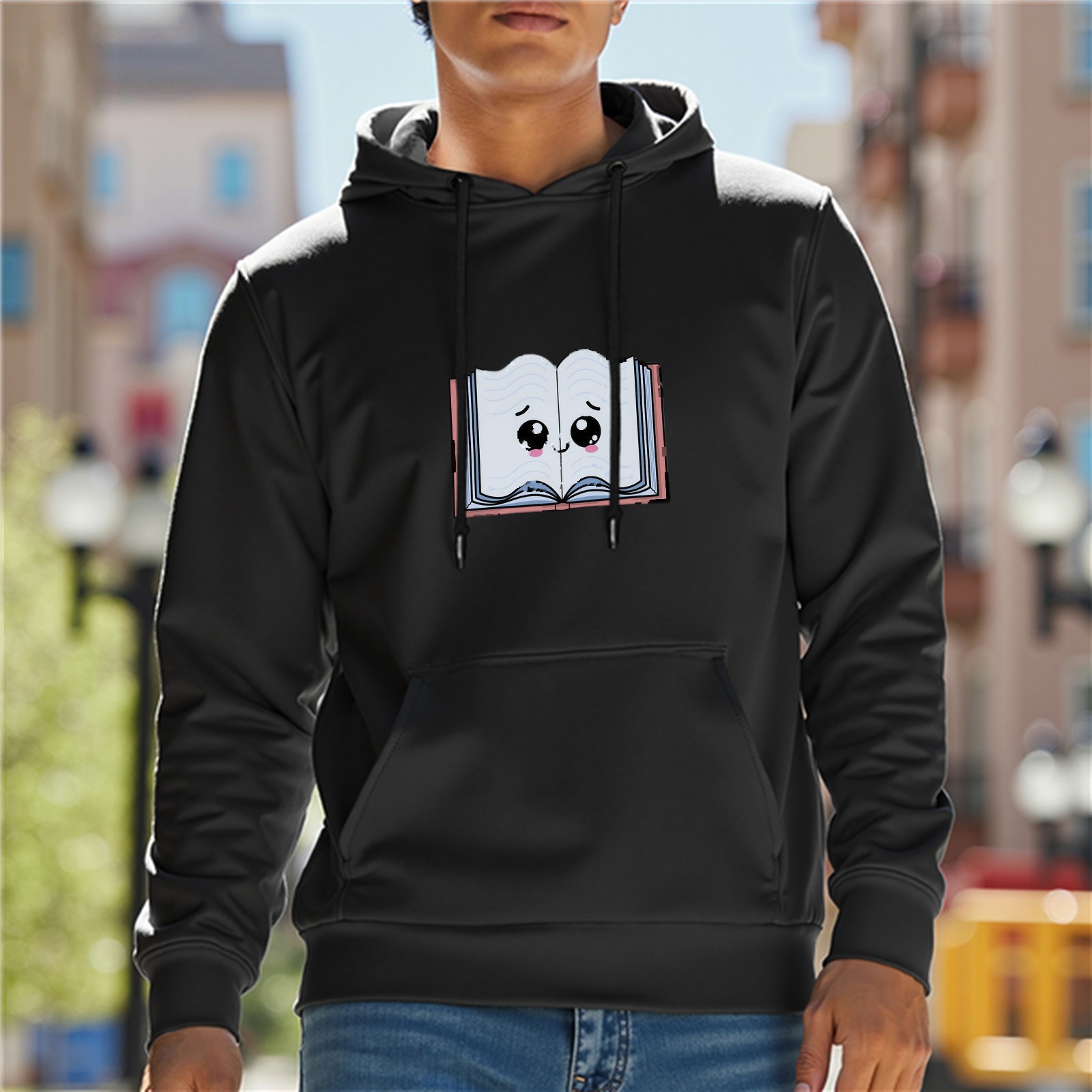 Black hoodie with cute cartoon open book graphic