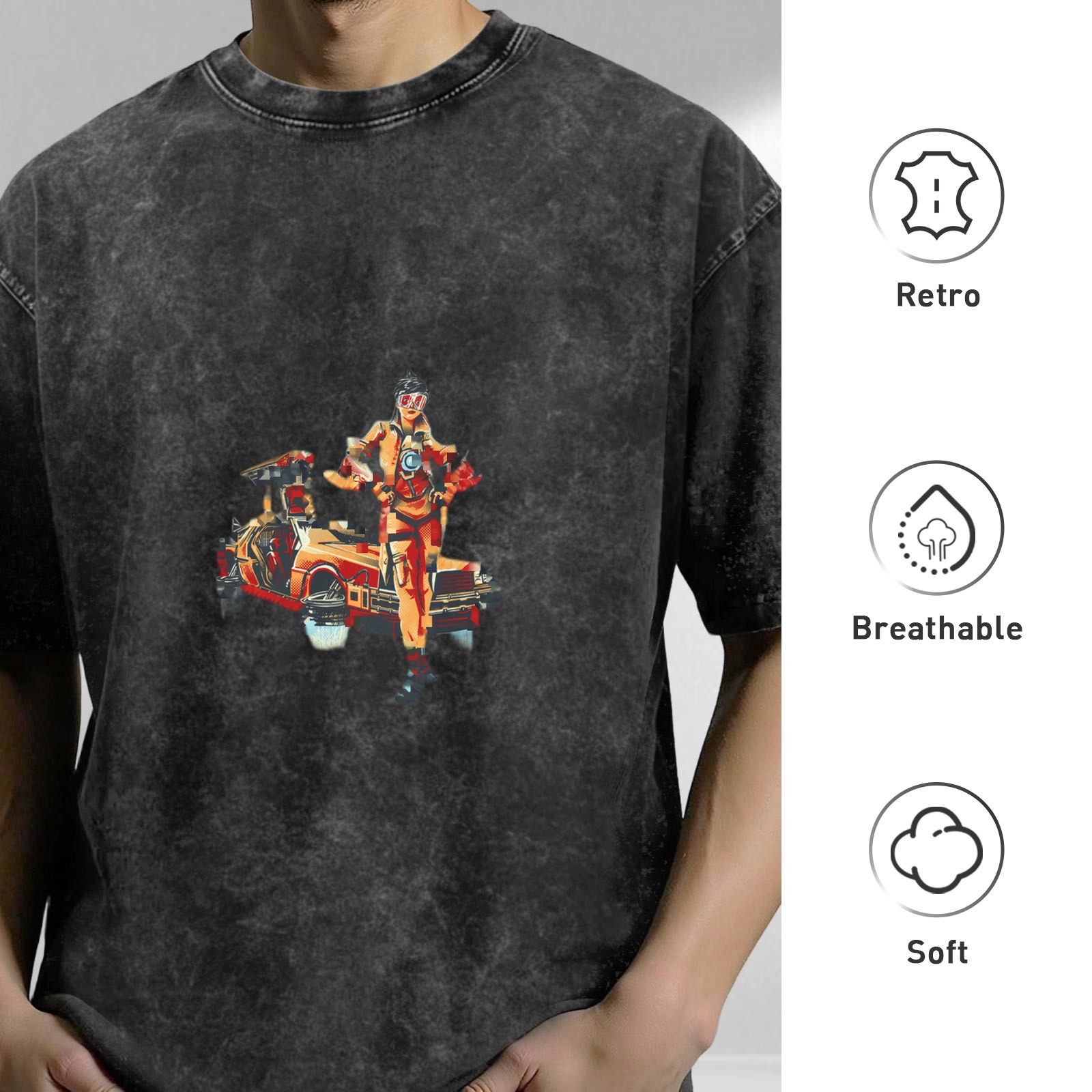 Oversized Acid Wash T-Shirt With Retro Sci-Fi Car And Character Print