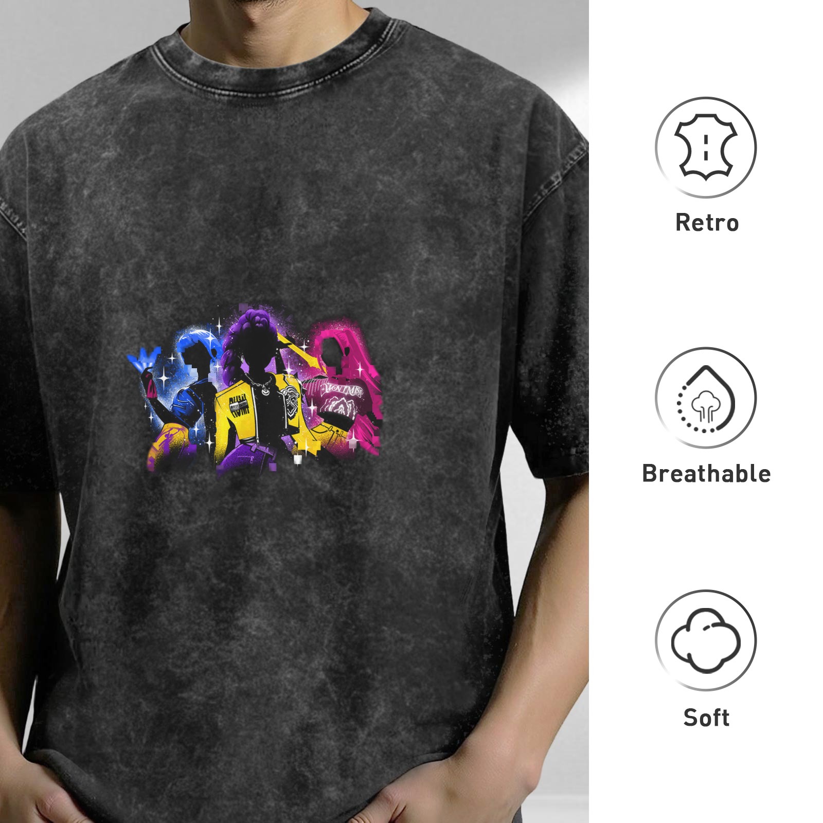 Oversized Acid Wash T-Shirt With Neon Anime Character Silhouette Graphic