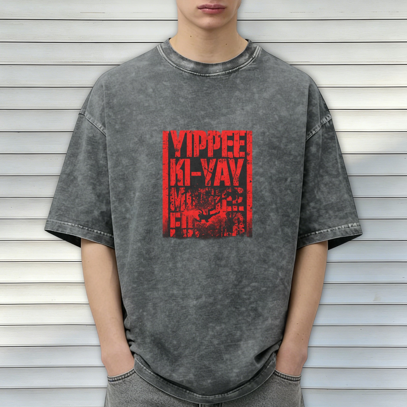Distressed washed black short-sleeved T-shirt printed YIPPEE KI-YAY theme pattern casual loose style