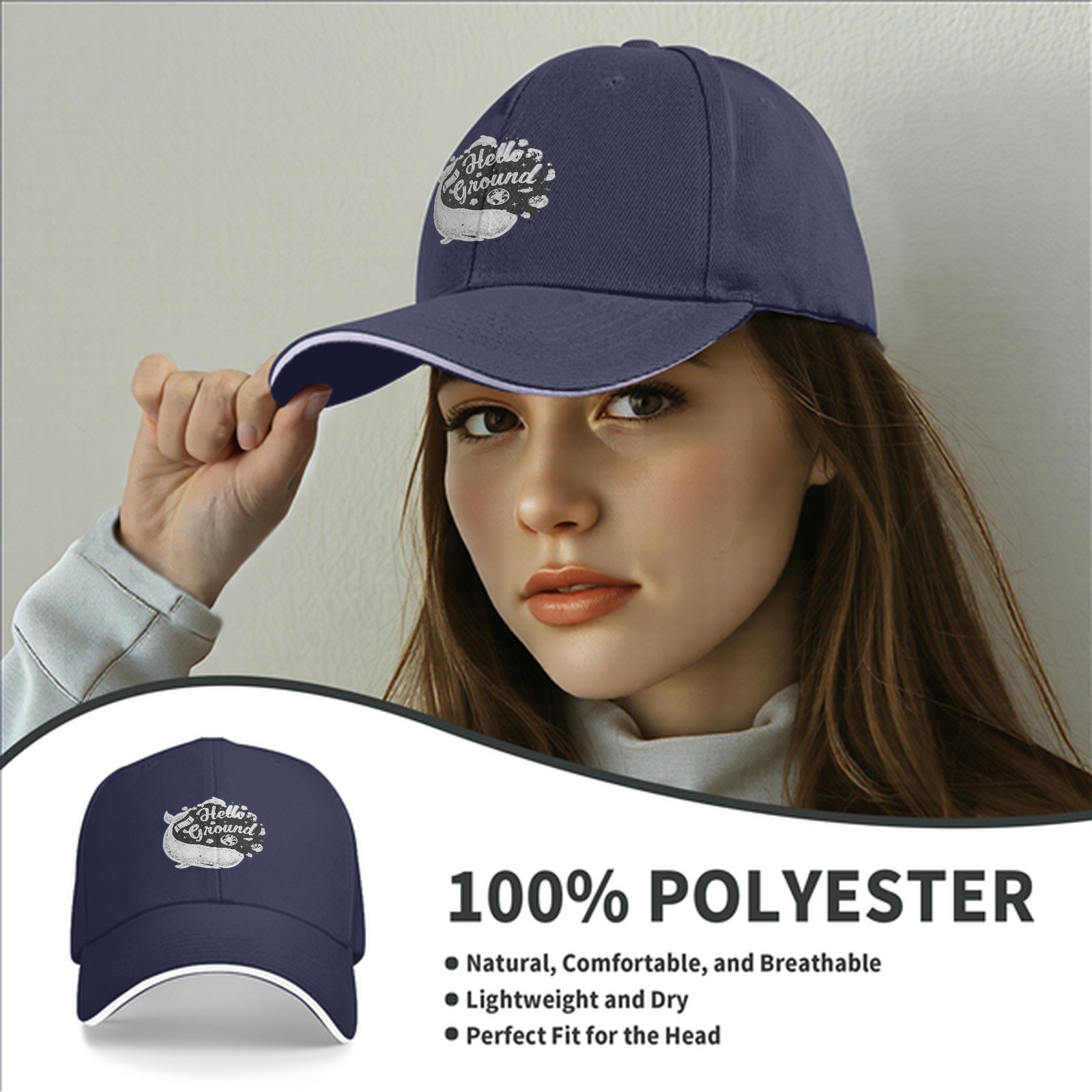 Black baseball cap with Hello Ground whale graphic print