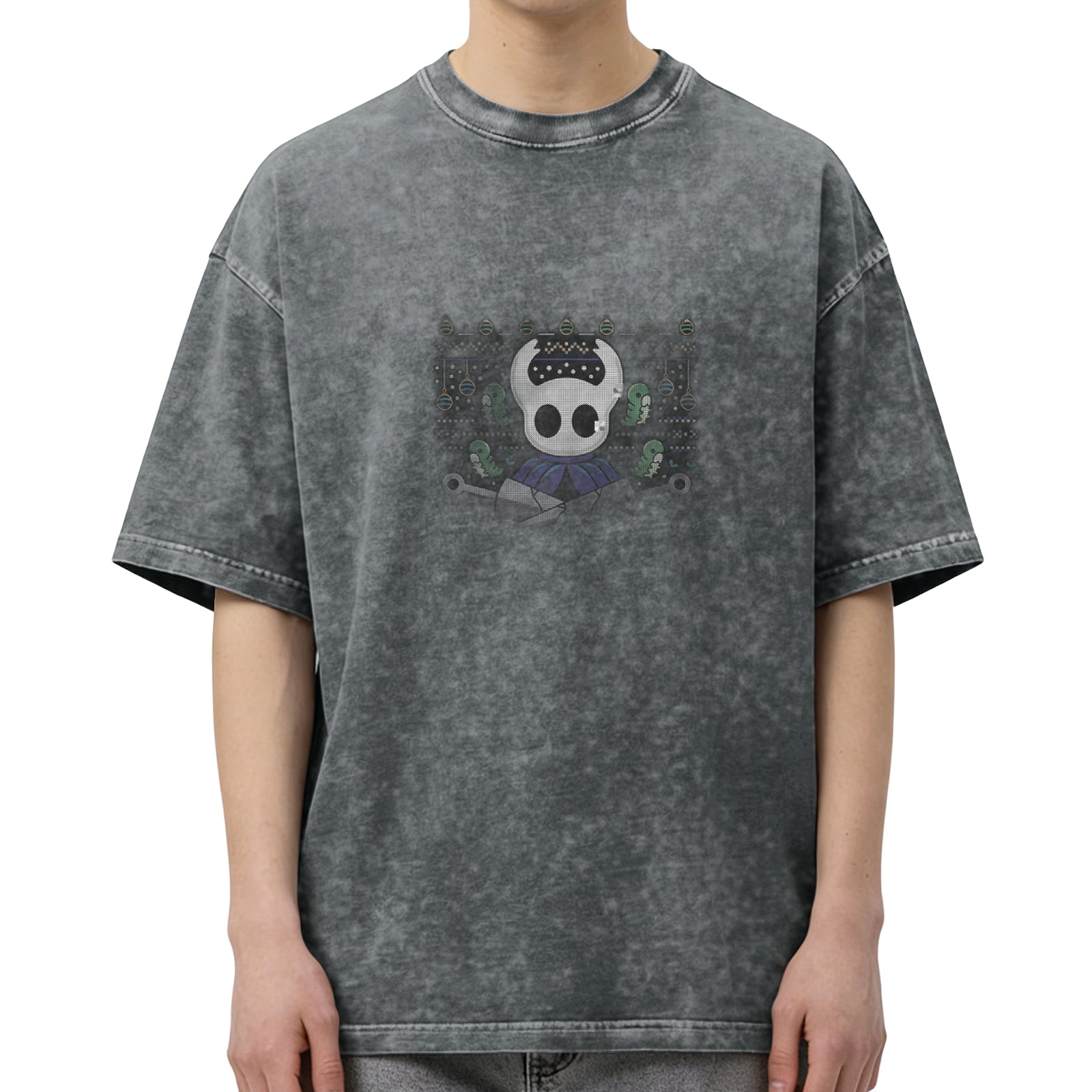 Washed Black T-Shirt with Hollow Knight Themed Print