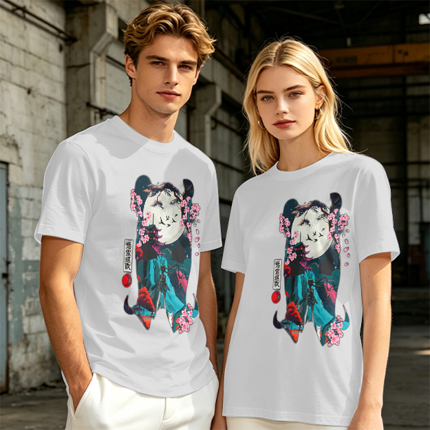 Olive T-shirt with Japanese-inspired moon and cherry blossom graphic