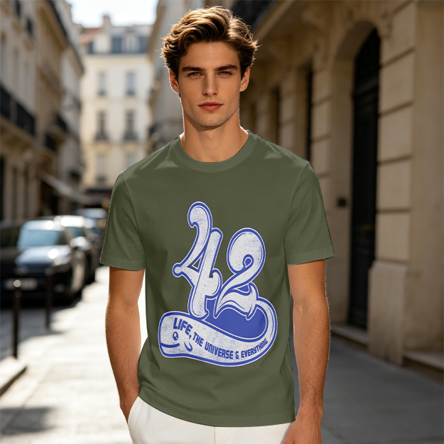 Olive graphic t-shirt with 42 Life, The Universe & Everything print