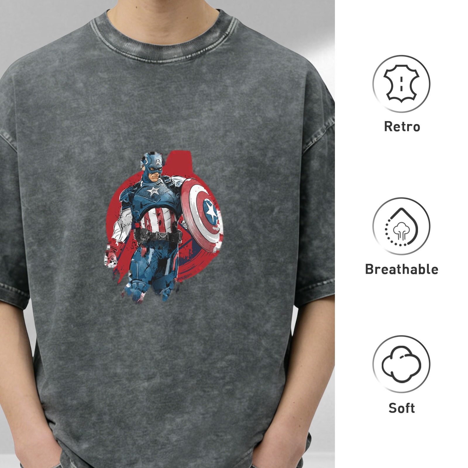 Oversized Acid Wash T-Shirt with Captain America Graphic