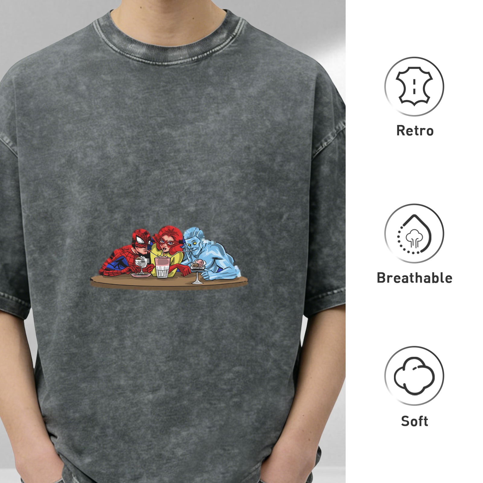 Washed Black T-Shirt with Superhero Characters at a Bar Table Graphic