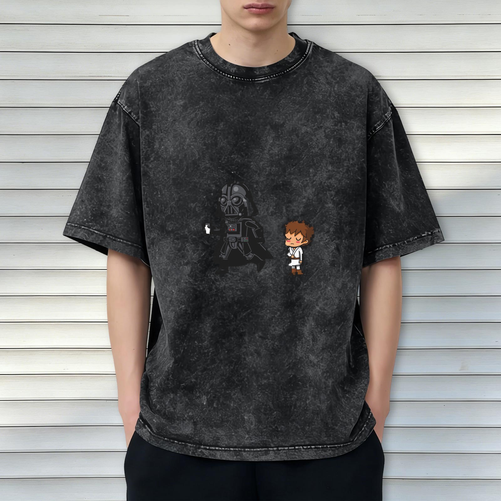 Washed Black T-Shirt With Cute Star Wars Character Art