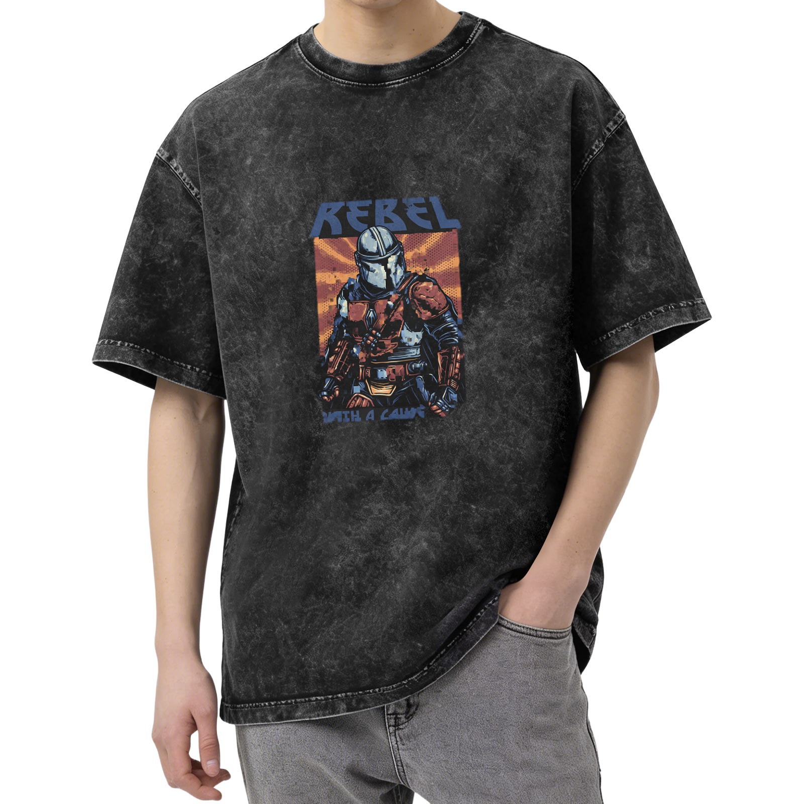 Washed Black T-Shirt With Rebel Bounty Hunter Graphic