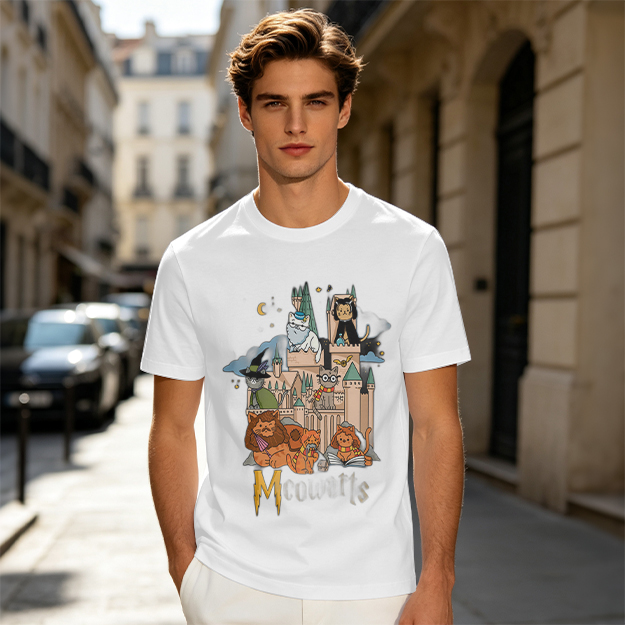 Olive T-Shirt With Whimsical Wizard Cat Castle Graphic
