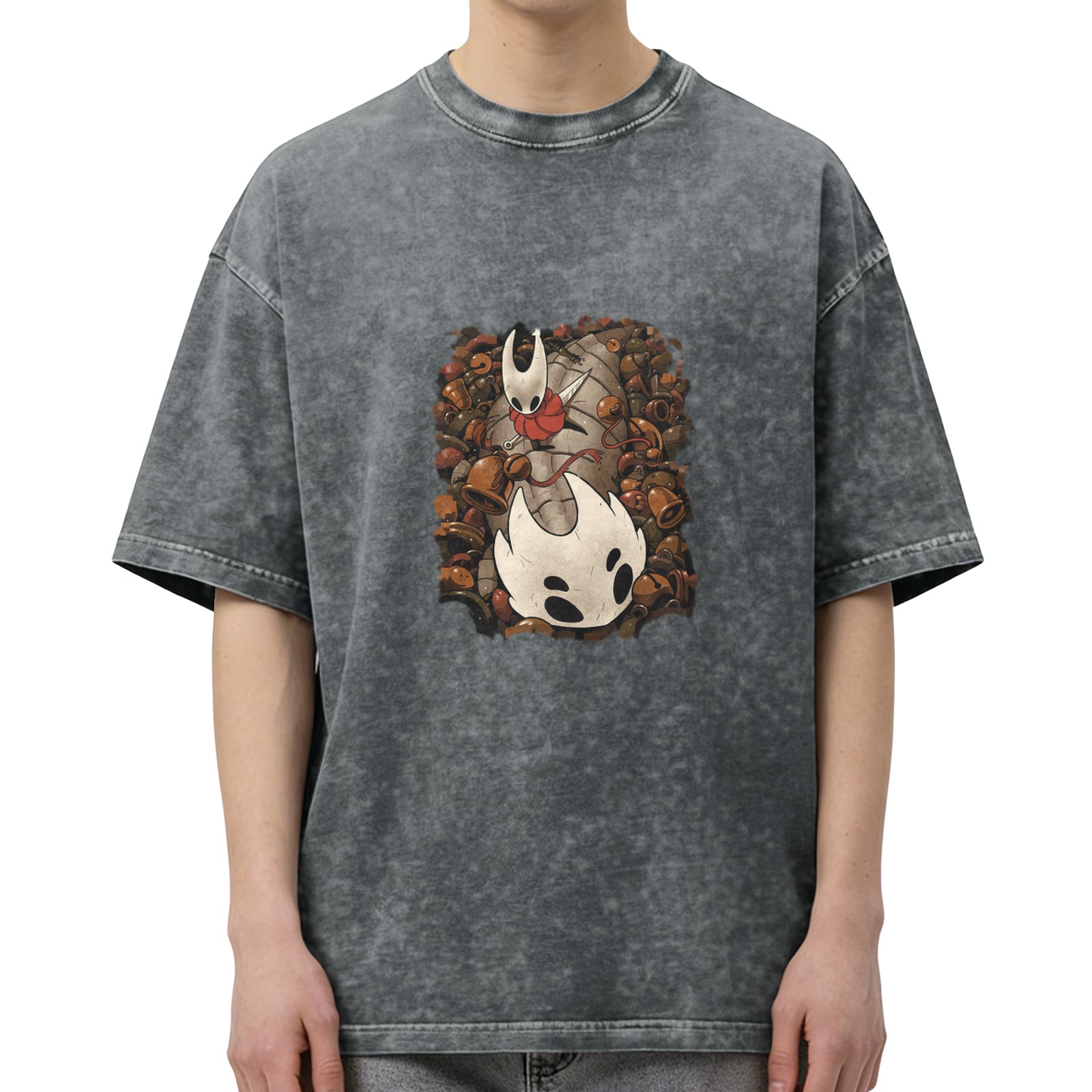 Hollow Knight themed washed distressed short-sleeved T-shirt and game peripheral printed loose top