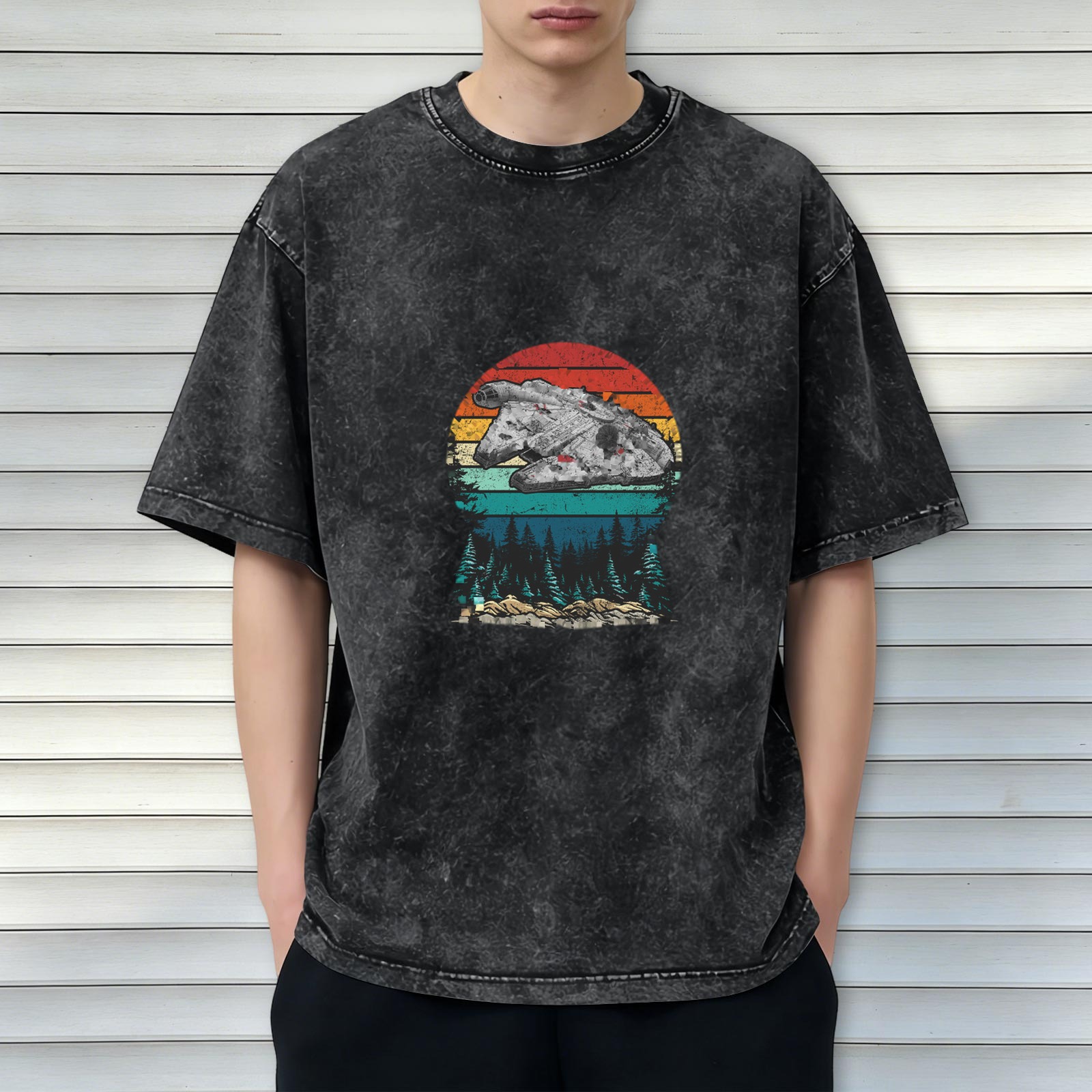Vintage Washed Black T-Shirt with Retro Sunset Spaceship Forest Graphic