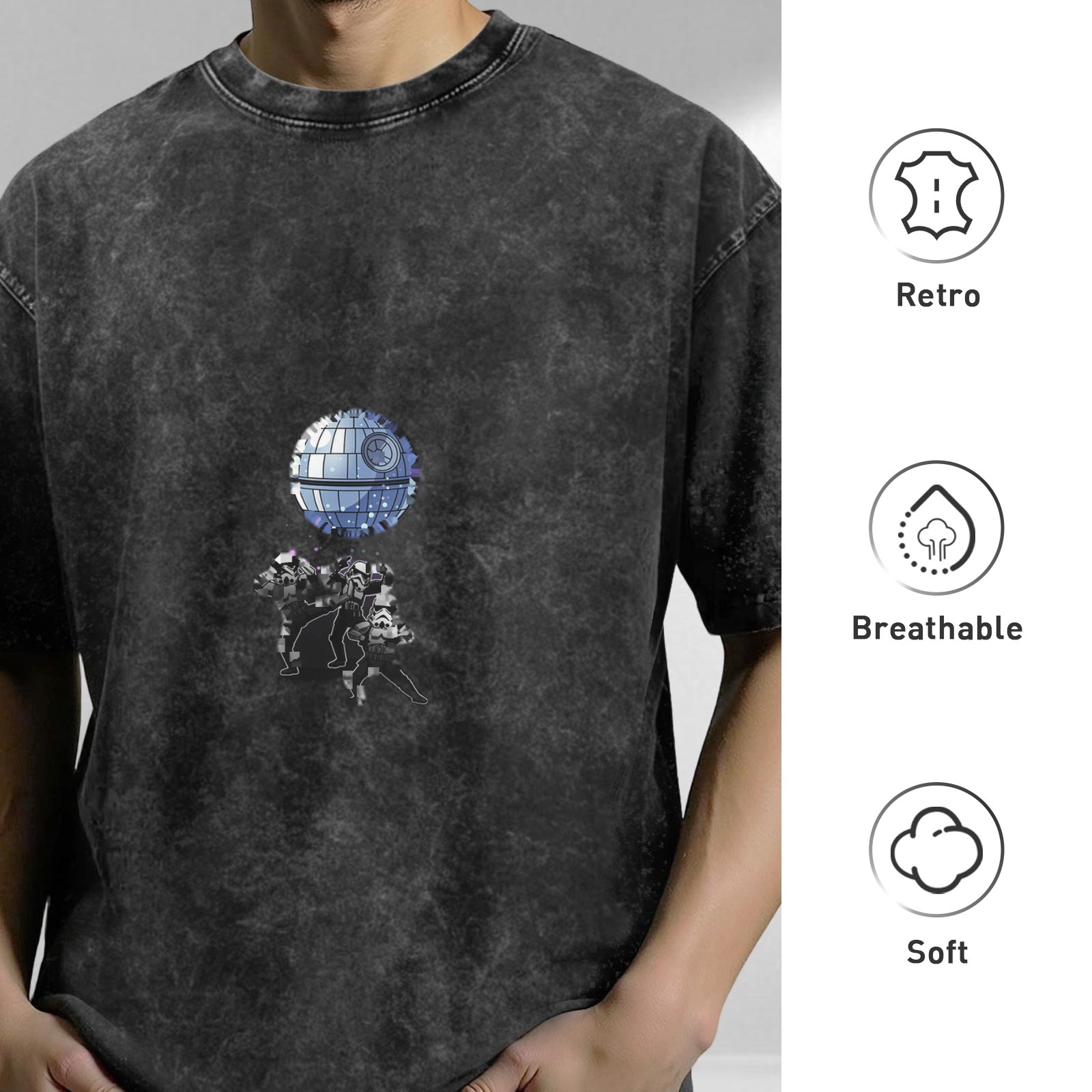 Oversized Dark Wash T-Shirt With Star Wars Death Star Print
