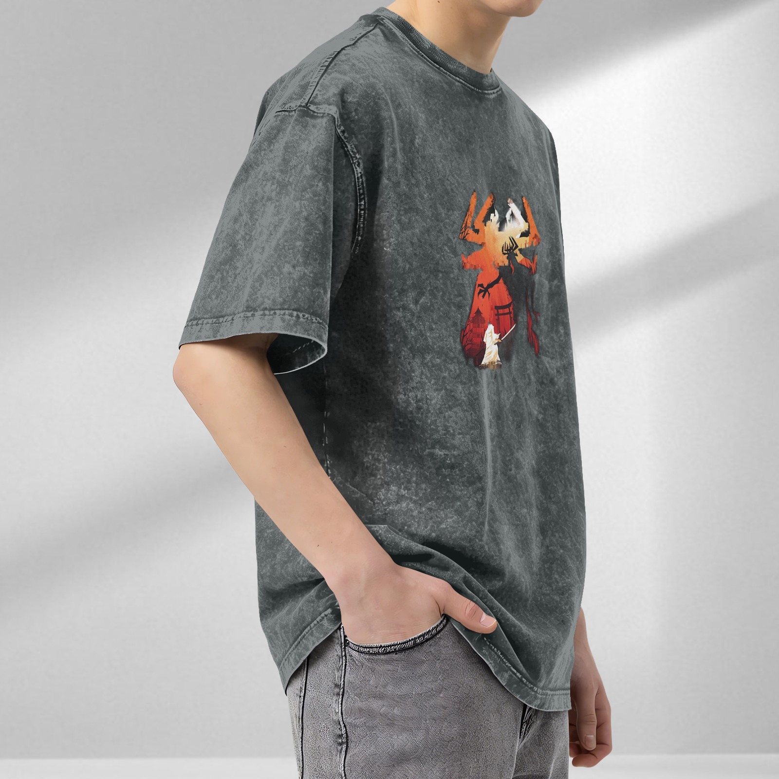 Distressed washed Darth Vader themed printed short-sleeved T-shirt