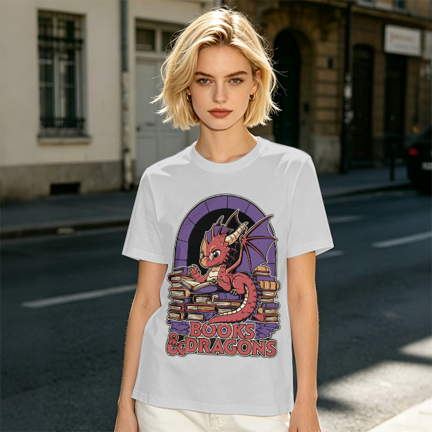 Olive t-shirt with cute red dragon reading books graphic