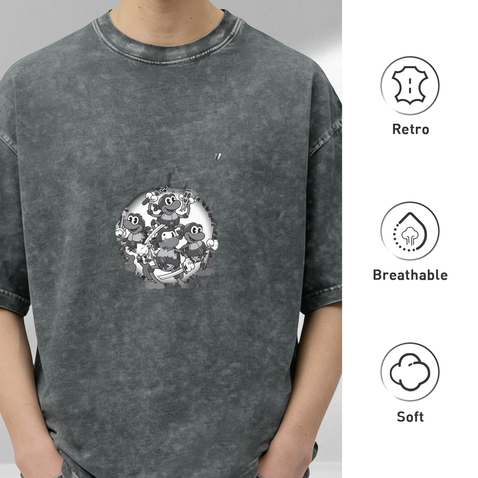 oversized black acid wash t-shirt with retro cartoon turtle graphic