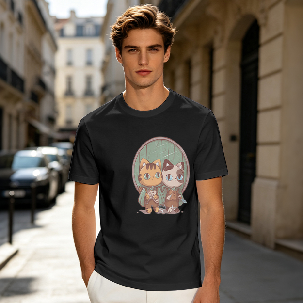 Olive Green T-Shirt With Cute Cat Fantasy Character Print