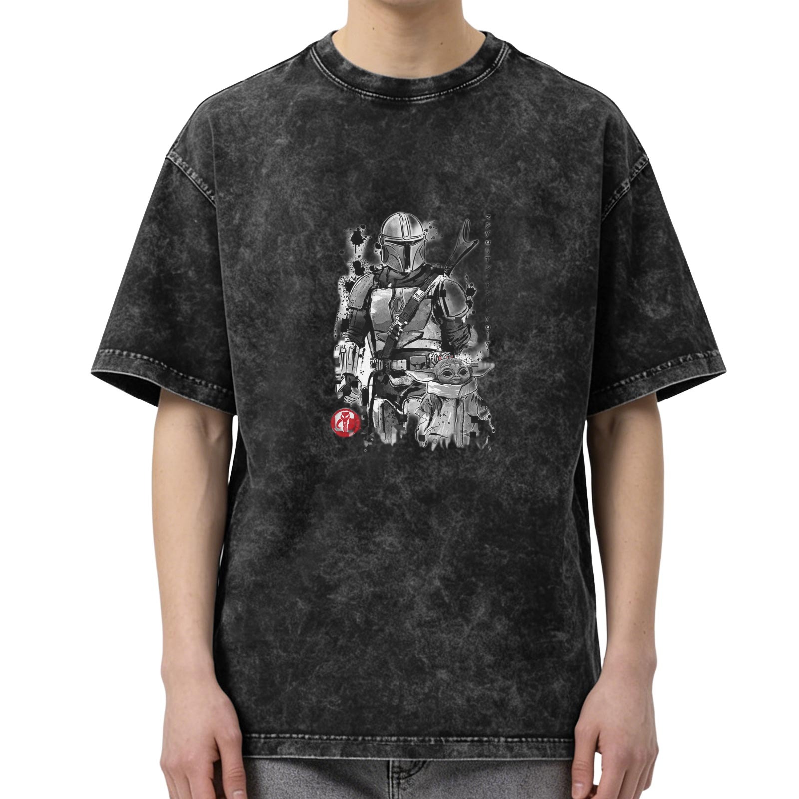 Washed black graphic t-shirt with Mandalorian and Child design