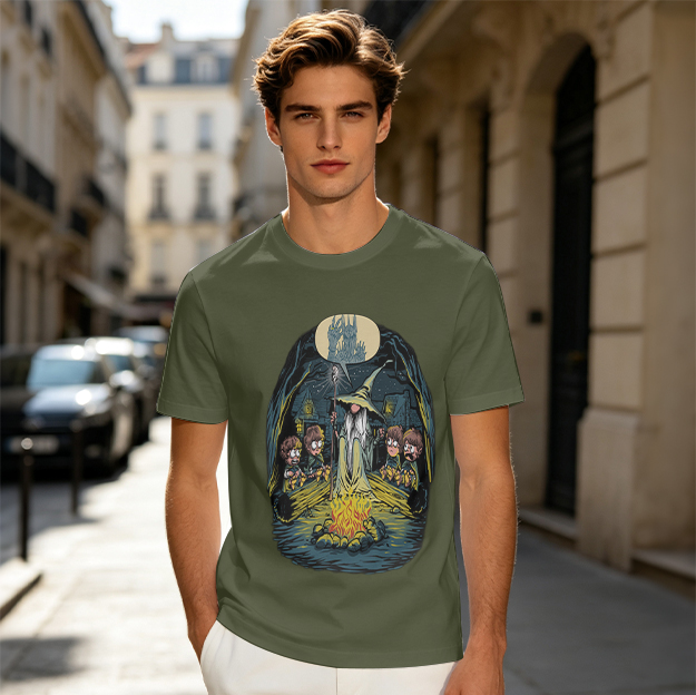 Olive T-Shirt With Fantasy Wizard And Hobbit Campfire Art Print