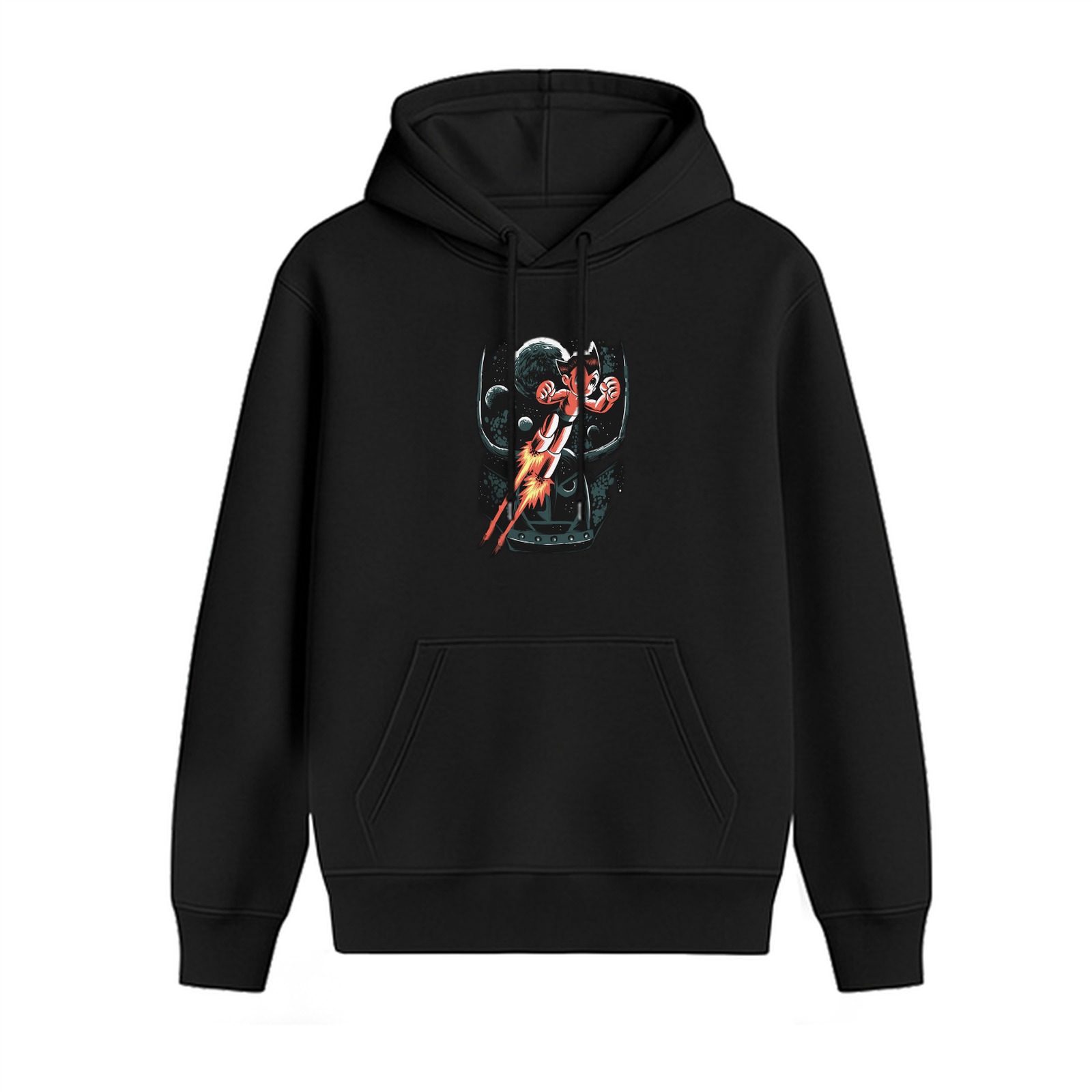 Black Hoodie With Retro Anime Space Robot Print