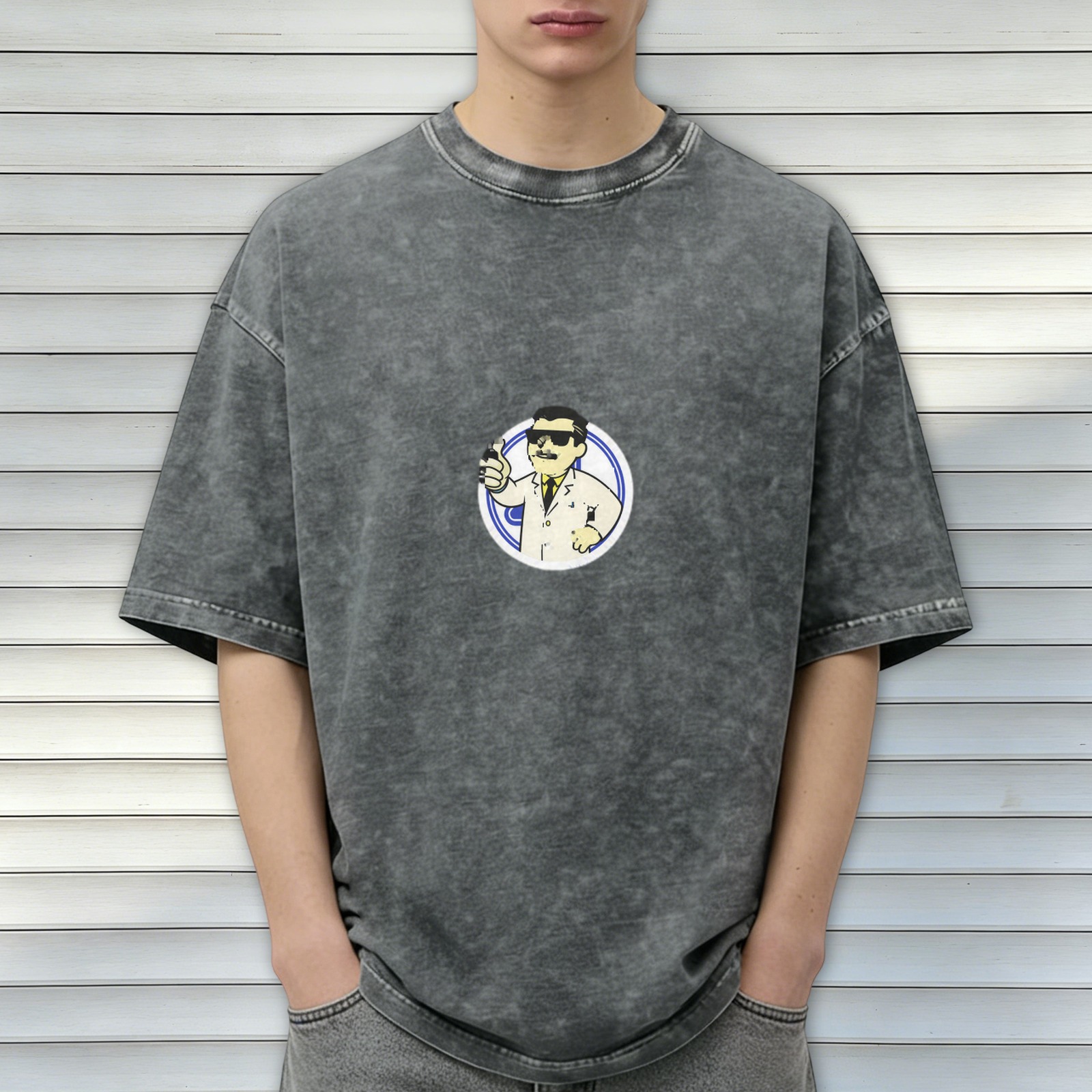 Oversized Acid Wash T-Shirt With Cartoon Scientist Print
