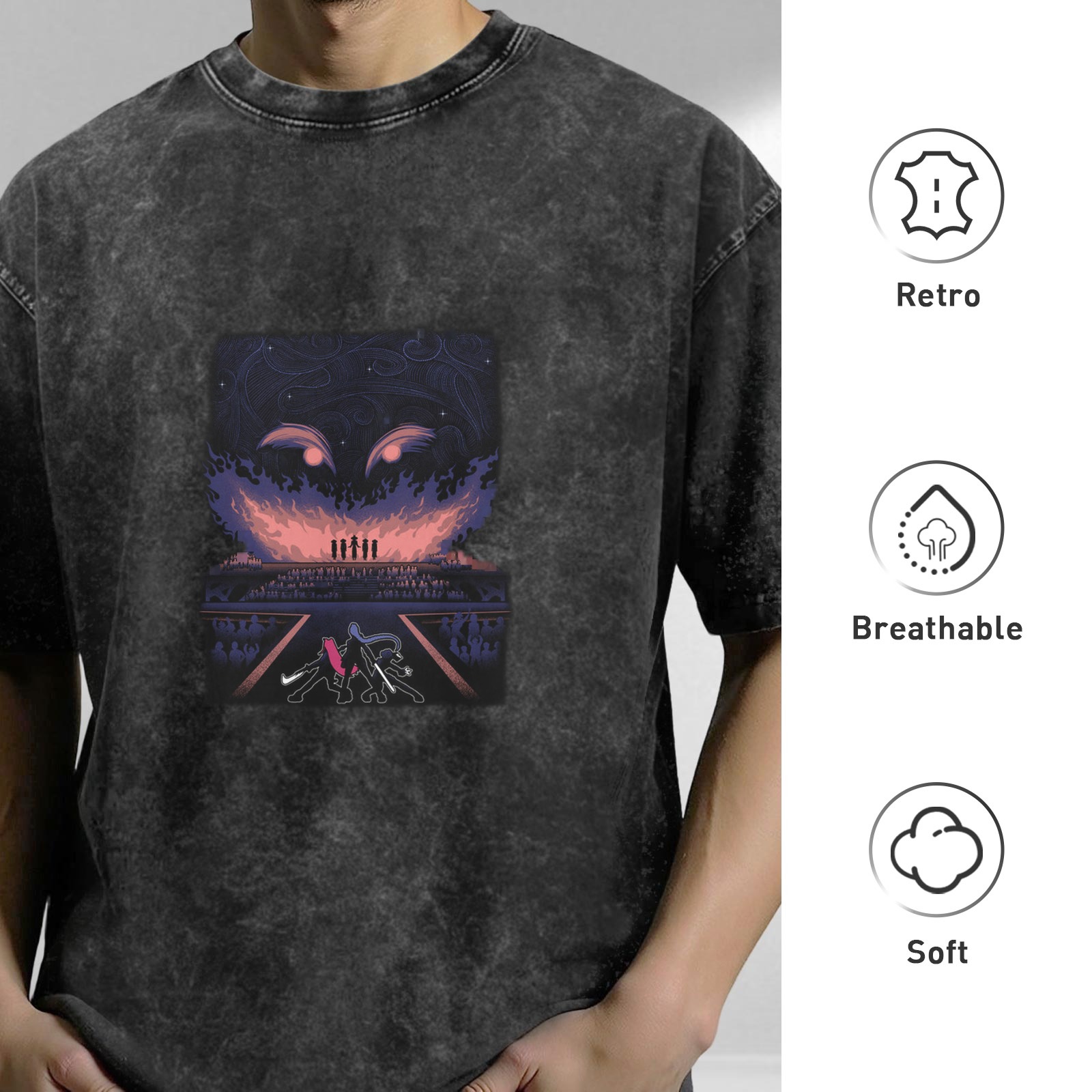 Oversized Acid Wash Graphic T-Shirt with Dark Fantasy Art Print